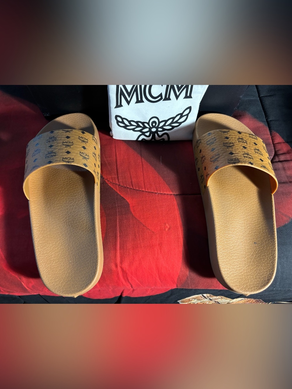 MCM Tan Logo Slide Sandals with Monogram Print